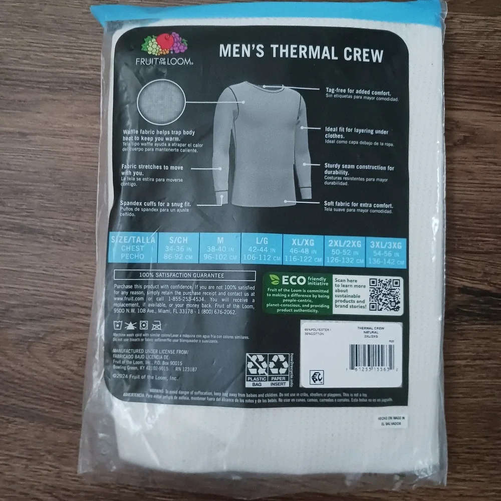 Fruit of the Loom Mens Thermal Crew Neck Top Natural Waffle Knit 2XL New
